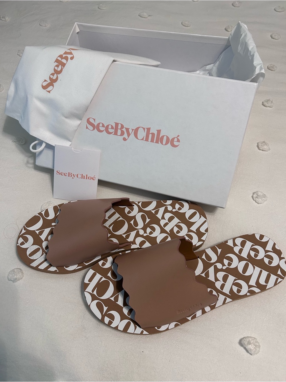 See By Chloé Brown Scalloped Slide Sandals